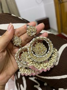 Pink Beaded Chandbali Earrings