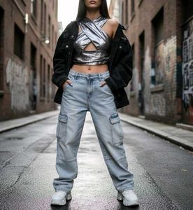 FashionNova SilverMetallic Cross-Front HalterTop