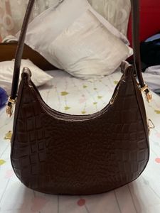 Brown Croc Embossed Shoulder Bag