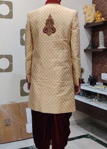 Men Sherwani Dhoti Stitched Set -Cream &amp; Maroon