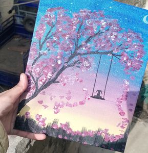 Girl Swing On Tree Night View Canvas Painting