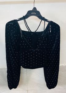 FB SISTER BLack Velvet Polka Dot  Crop Top