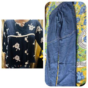 Floral Top with Denim Pants Set