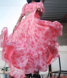 Pink Frill Lehnga And Puf Sleeves Blouse