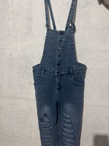 Denim Overalls with Distressed Details
