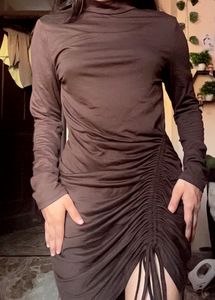 Brown Ruched Bodycon Dress