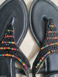 Beaded Black Thong Sandals