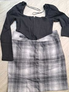 Chic Black Top & Plaid Skirt Set