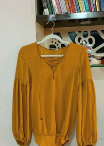 ZARA Mustard Bodysuit Blouse with Balloon Sleeves