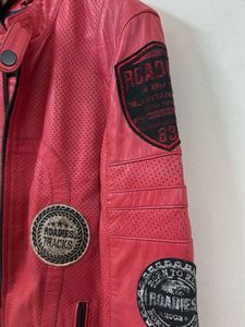 Red Perforated Leather Biker Jacket