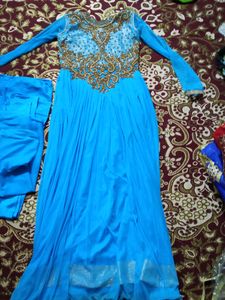 Blue Partywear Gown With Dupatta And Pajama