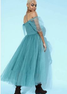SASSAFRAS BLUE TULLE BARDOT MIDI DRESS