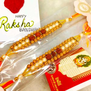 Divine Duo Rakhi Set with Rudraksha & Pearls