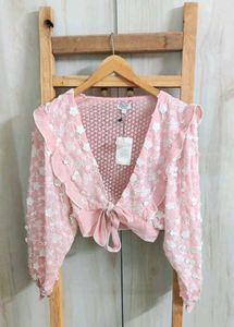 Pink Floral Lace Tie-Front Top Size-32