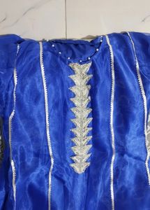 Organza Royal Blue Frock With Pajama And Dupatta