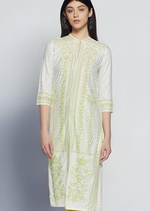 W for Woman Green Mandarin Neck printed Kurta