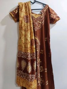Pure Cotton Batik Suit In Brown & Yellow