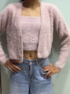 Pink Fuzzy Cardigan Set