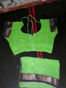 Green Embellished Saree With Stiched Blouse