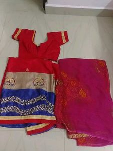 Red & Pink Embroidered Saree Set,Used