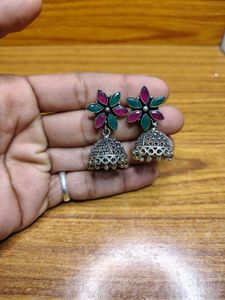 Coloured Stone Oxidised Jhumki