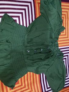 Olive Green Smocked Crop Top For Girls