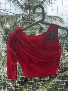 Red Asymmetrical Blouse with Embellishments