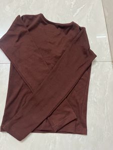 Brown Ribbed V Neck Top
