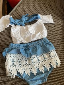 Off Shoulder White & Blue Coord Set With Hairband