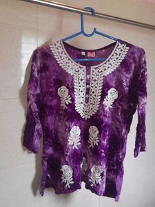 Purple Tie-Dye Embroidered Short Kurti 💜