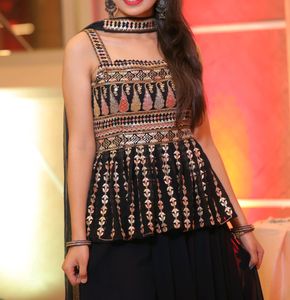 Navy Blue &amp; Gold Embroidered Sharara Dress