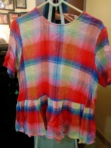 Colorful Plaid Ruffle Hem Top