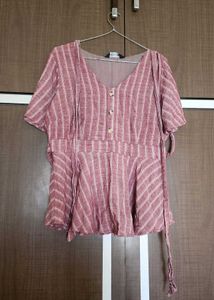 Striped Peplum Blouse with Tie Waist