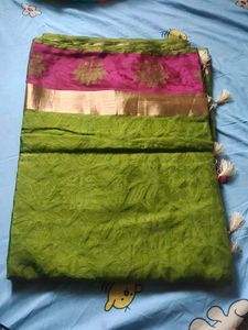Green and Pink Saree with Gold Border