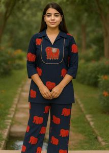 Elephant Print Co-ord Set With Hand Embroidery