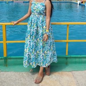 Blue &amp; Green Floral Print Maxi Dress