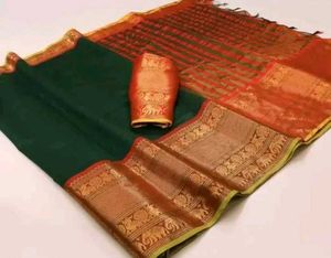 Elegant Green &amp; Gold Saree + Blouse piece 🥳😍