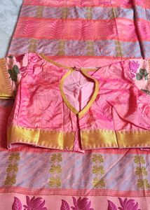Pink Floral Saree with Gold Border