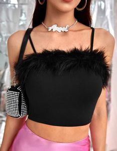 Black Fur Crop Spaghetti Top