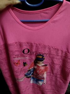 Pink Off-shoulder Printed Tee