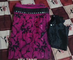 Pink &amp; Black Embellished Saree with Blouse