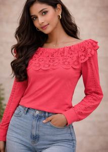 Coral Laser-Cut Long Sleeve Top