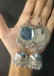 Silver Jhumka Earrings with Mirror Detail