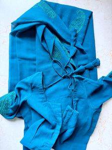 Sworaski &amp; Embroidered Peacock Blue saree