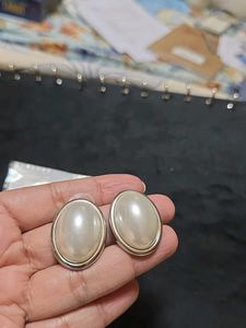 Silver Look Oval Shape Pearl Studs