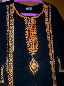 ADA BLACK &amp; ORANGE Embroidered Chikankari KURTA