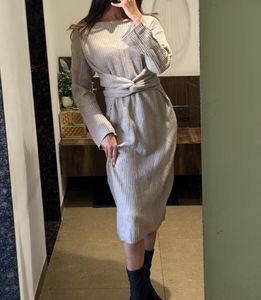 free size Ribbed Knit tie up Midi Dress