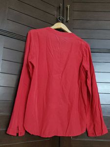 Women Red Buttons Roll-up Sleeve Casual Shirt