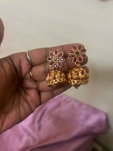 Golden Jhumka With Red Stone