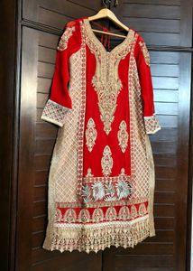 Partywear Women Red Fully Embroidered Suit Set